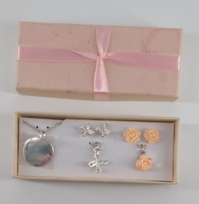 #ad Necklace Earrings Set BUTTERFLIES ROSES Interchangeable Little Girls 16quot; Chain $9.95
