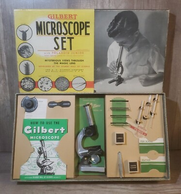 #ad VINTAGE GILBERT MICROSCOPE SET No. 10 w Polaroid Junior In Original Box 1938 $94.99