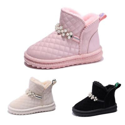 #ad Girls Warm Fur Lined Outdoor Flat Snow Boots Kids Pearl Dress Ankle Shoes Winter $24.69
