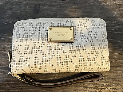 #ad Michael Kors Women#x27;s Designer Zip Around Phone Wallet Wristlet Medium Cream Gold $55.00