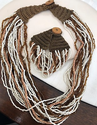 #ad Vintage Brown White And Tan Hand Crocheted Beaded Necklace Bracelet $27.07