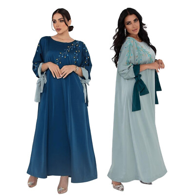 #ad Satin Abaya Muslim Women Maxi Dress Dubai Kaftan Turkey Evening Party Prom Gown C $52.77