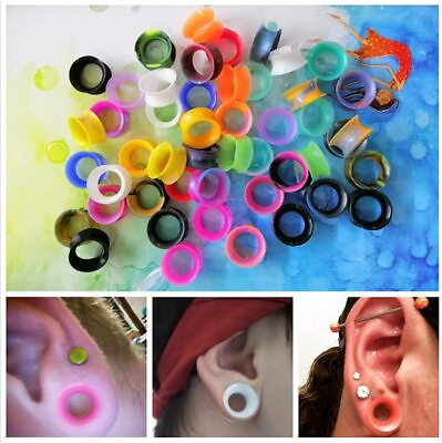 #ad 10 100Pcs Thin Silicone Tunnel Plugs Set Flexible Ear Gauges Kit Soft Earskins $8.59