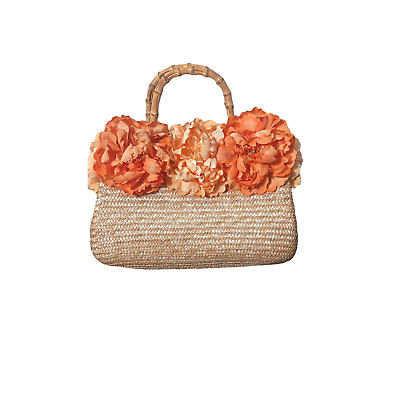 #ad Bohemian Style 100% Wheat Straw Tote Bag Orange Peach Flowers Vacation $35.00