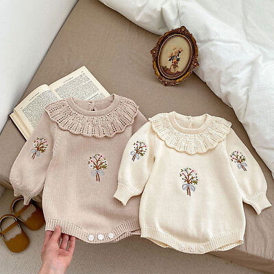 #ad Newborn Infant Baby Girl Ruffle Embroidery Flower Pattern Knit Sweater Romper $18.96