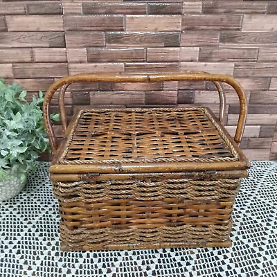 #ad Large Picnic or Decorative Basket with Handles Boho Brown Wicker and Rope Basket $38.00