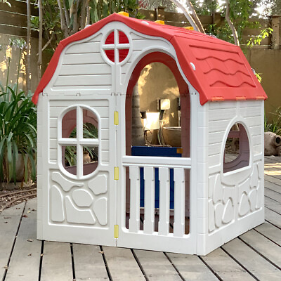 #ad Kids Cottage Playhouse Foldable Portable Plastic Play House Large Interior Space $129.99