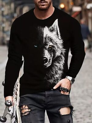 #ad Men T Shirt Fashion Wolf Head Casual Black Long Sleeve Novelty Tee Round Neck $23.86