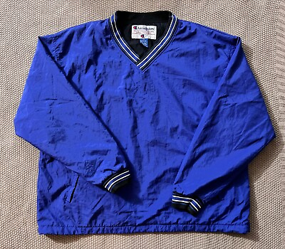 #ad Champion Mens Lined Nylon Pullover V Neck Jacket Blue Black Sz 2XL $31.19