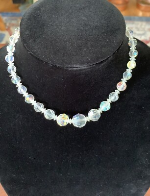 #ad Vintage 1950’s Faceted Aurora Borealis Crystal Beaded Choker Necklace 15” $60.00