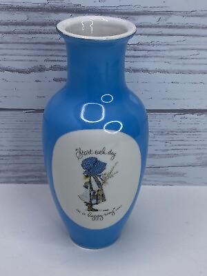 #ad Vintage Blue Holly Hobbie Vase “Start Each Day In A Happy Way” 8 Inch $9.99