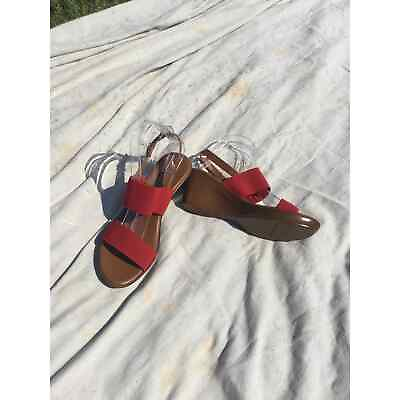 #ad Italian shoemakers womens wedge sandals 10 NEW red tan stretchy strap Italy $22.40