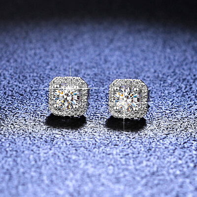 #ad 0.5 1ct 925 Sterling Silver Stud Earrings Square Cut Moissanite Halo for Women GBP 32.99