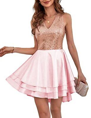 #ad Lrady Womens Sequin Glitter V Neck Skater Mini Club Swing Dress Pink Medium $7.99
