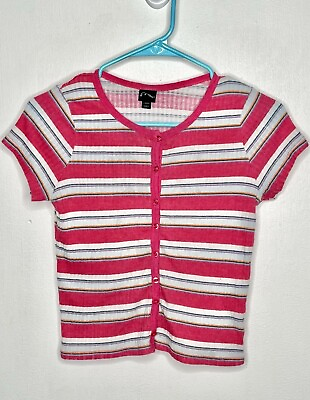 #ad Art Class Striped Ribbed Knit Top Girls Size Large 10 12 Button Up Short Sleeve $4.54