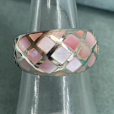 #ad 925 sterling silver ring Mother Of Pearl Pink Inlay Check Chunky Size M 1 2 GBP 20.00