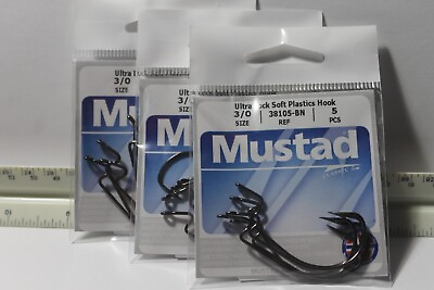 #ad Mustad Lot of 15 3 0 Ultra Lock Soft Plastics Black Nickel Hooks New 38105 BN $6.38