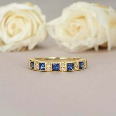 #ad Princess Sapphire Lab Created Diamond Wedding Band Ring 14K Yellow Gold Plated $87.49