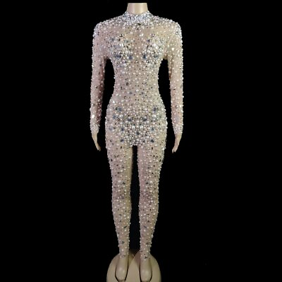 #ad 2023 Luxury pearl mirror diamond mesh transparent jumpsuit prom party dress GBP 217.02
