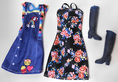 #ad 3Pc BARBIE FASHION CLOTHES LOT PRINT SLEEVELESS SUMMER DRESSES BLU BOOTS CUTE $5.99