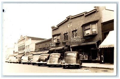 #ad c1940#x27;s Cafe Drug Grocery Store Street Scene Ludington MI RPPC Photo Postcard $29.95