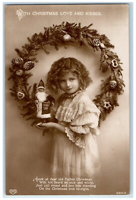 #ad c1910#x27;s Christmas Pretty Girl Santa Doll Whreat Pine Cone RPPC Photo Postcard $29.95