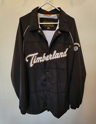 #ad Timberland L Black WeatherGear Spellout Windbreaker Jacket Mens Lined Pockets $39.99