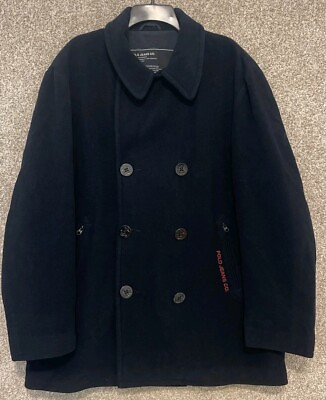 #ad Polo Jean Co Mens Navy Blue Wool Button Peacoat Jacket Size XL Lined Military $49.99