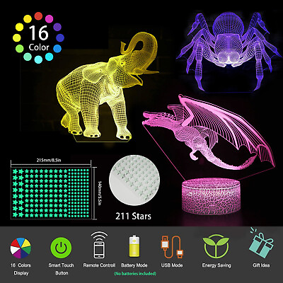 #ad 3 Pcs 3D DinosaurElephant Spider Night Light Led Illusion Lamp 16 Color Change $14.99