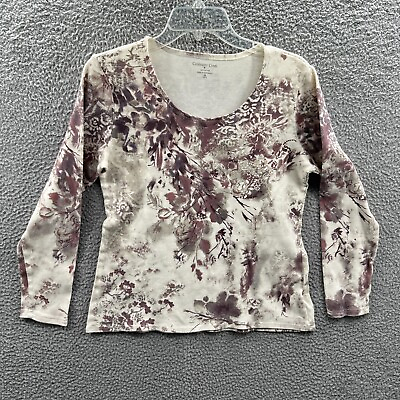 #ad Coldwater Creek Womens Top Medium Cream Brown 100% Cotton Pullover Shirt $14.99