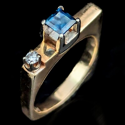 #ad 1970s Vintage Princess Sapphire Diamond 14k Yellow Gold Ring Modernistic Vintage $749.00