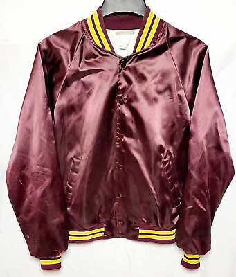 #ad Vintage Hartwell Sports Burgundy Satin Full Button Bomber Jacket Size Medium $19.99