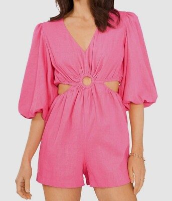 #ad 1.state L59318 Womens Pink Juneberry Ring Cutout Linen V Neck Romper Size M $81.18