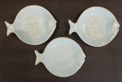 #ad Set of 3 Blue Sky Hand Painted Fish Dipping Side Dishes Light Blue 2007 Beach $15.00