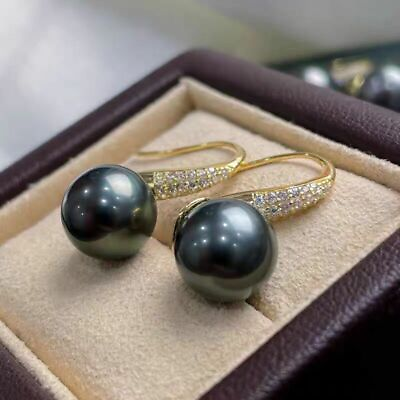 #ad stunning tahitian round black green pearl dangle earring 925s $103.84