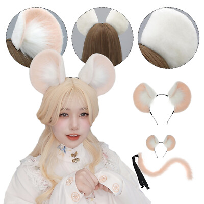 #ad Cute Mouse Plush Ears Headband Tail Set Anime Cosplay Headwear Party Costume $14.87