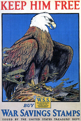 #ad WAR SAVINGS STAMPS AMERICAN EAGLE KEEP HIM FREE AIRPLANES VINTAGE POSTER REPRO $62.90
