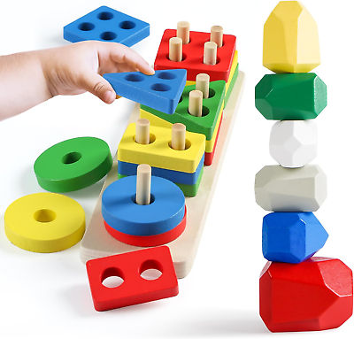 #ad Wooden Sorting amp; Stacking Rocks Stones Toys for Toddlers KidsShape Sorter Toys $10.72