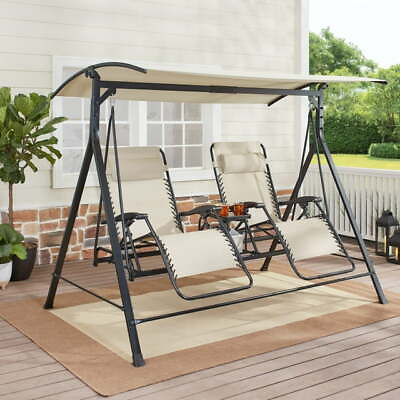 #ad Tan Canopy 2 Person Zero Gravity Seat Patio Swing Home Outdoor Furniture $425.00
