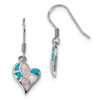 #ad Sterling Silver Rhodium White Pink Blue Created Opal Heart Earrings QE14040 $65.99