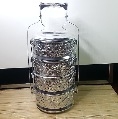 #ad Tiffin Lunch Box Aluminum Thai 4 Tier Food Carrier Container Pinto 16 cm Vintage $58.97
