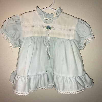 Vintage Toddle Time Baby Girl Swing Dress Light Blue Eyelet Trim Sz 6 12 Months $17.99