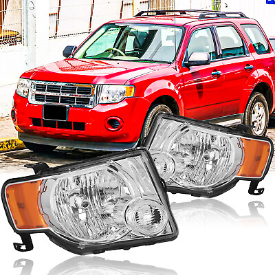 #ad For 2008 2012 Ford Escape Chrome Headlights Headlamps Assembly Pair With Bulbs $76.88