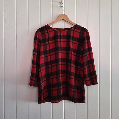 #ad Ann Taylor Women#x27;s Size Large Red Black Tartan Plaid Blouse 3 4 Bell Sleeve $16.14