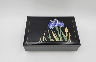 #ad Vintage Japan Black Lacquerware Iris Love Story Music Jewelry Box red velvet $19.99