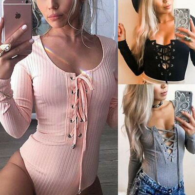 #ad HOT Bodysuit Lace Women Up Stretch Long Sleeve Body Tops T shirt Jumpsuit $16.71