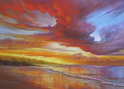 #ad Original Painting Seascape Sunset ocean sea scenery seashore home decor pastel $449.00