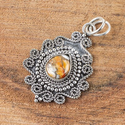 #ad Gift For Her Natural Orange Spiny Copper Turquoise Pendant 925 Silver $13.95