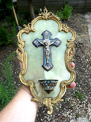 #ad Antique 19thc bronze enamel cloisonne onyx marble crucifix holy water font rare $595.00