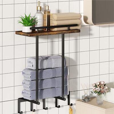 #ad Towel Racks for Bathroom Towel Holder with Wooden Shelf 5 Hooks Bathroom O... $26.95